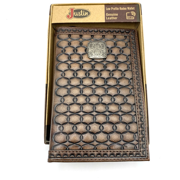 Justin Boots Mens RFID Wallet Brown Leather Low Profile Bifold Rodeo Western NIB - Picture 1 of 11